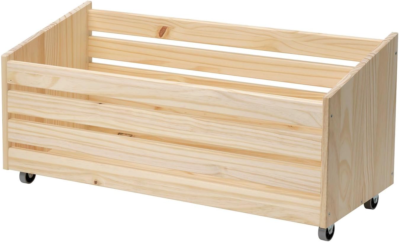 Solid Pine Storage Box with Casters, Rolling Wooden Storage Organizer Bin, 30.75 x 11.75 x 14.6 Inches, Durable Natural Wood Mobile Storage Crate
