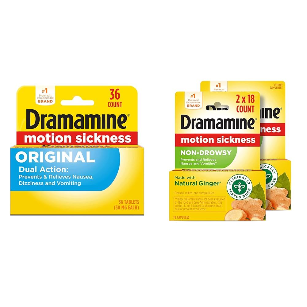 Dramamine Original, Motion Sickness Relief, 36 Count & Non-Drowsy, Motion Sickness Relief, Made with Natural Ginger, 18 Count, 2 Pack