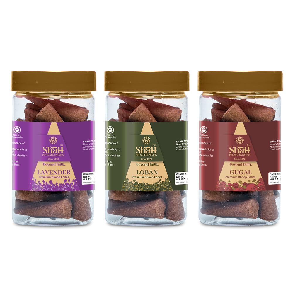 Shah Fragrances Lavender | Loban | Gugal Cone Dhoops (Pack of 3 x 100g) | Special Jar Pack | Premium Natural Dhoop Cones for Aromatherapy | Spiritual Use| Home Fragrance | Long - Lasting Fragrance
