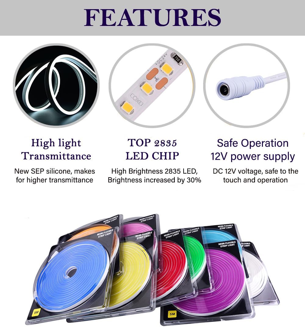 Flexible Neon LED Strip Lights, Waterproof Pink LED Neon Lights, Cuttable Silicone LED Light Strip for Indoor & Outdoor Use, 16.4ft/5mA (Power Adapter not Included)