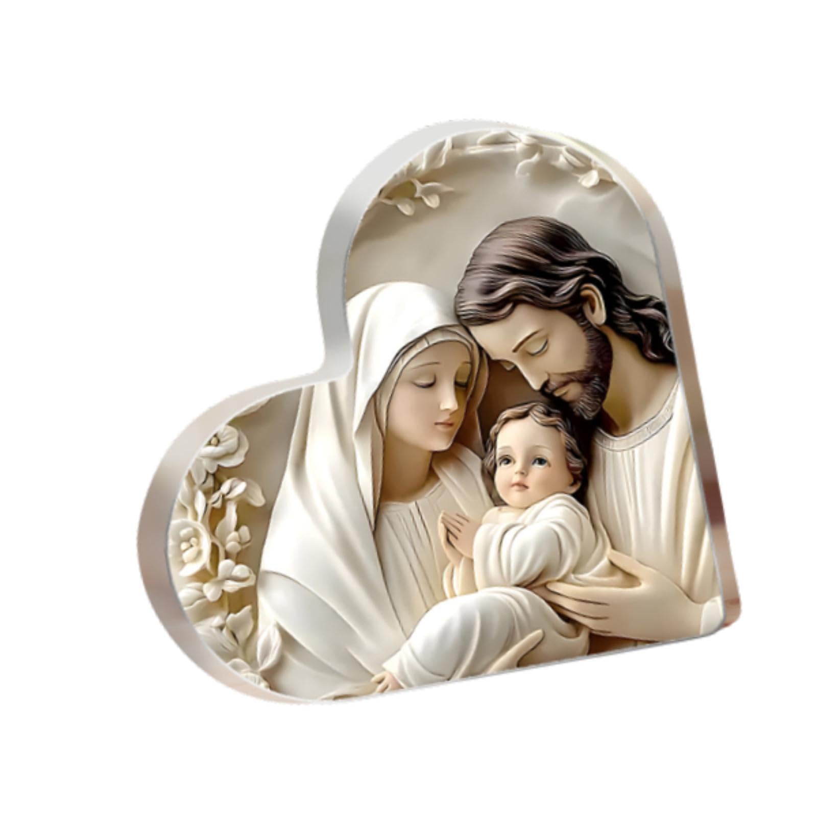 Colaxi Holy Family Decoration Heart Shaped Home Decor Birthday Gift Acrylic Nativity Scene Ornament, for Study Table Office