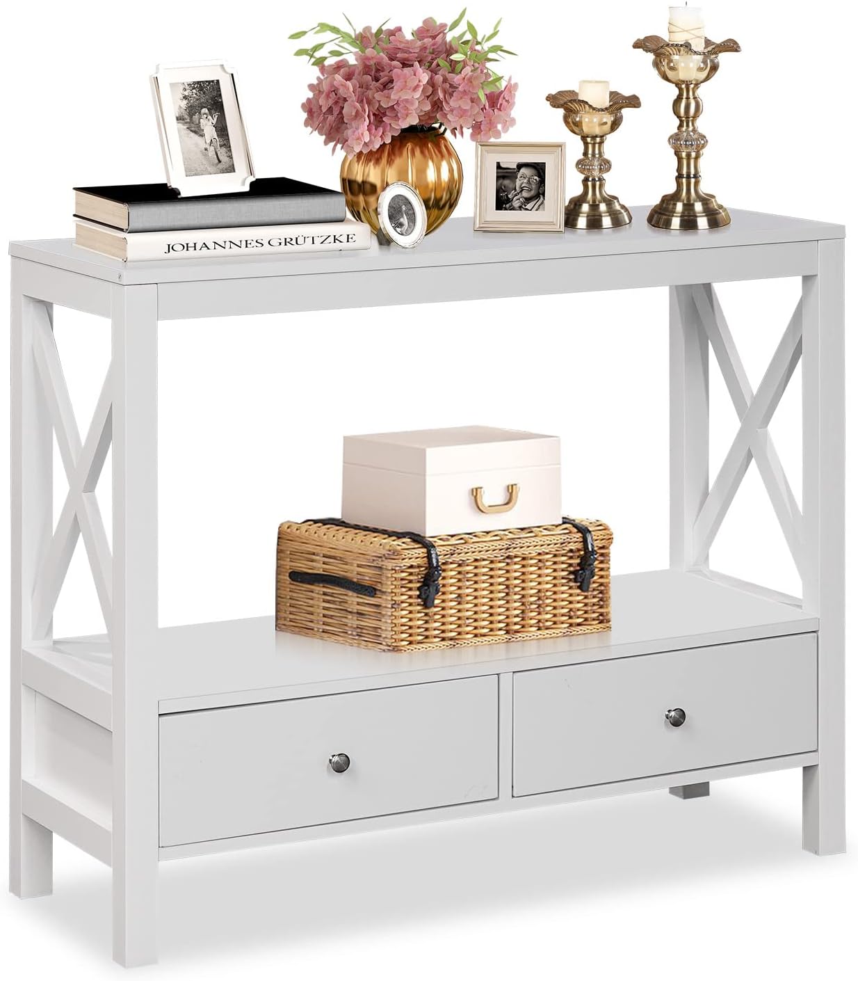 Ohsuaniy Console Table with 2 Drawers Small Entryway Table with Storage Shelf Narrow Modern Behind Couch Hallway Table Sofa Table for Living Room Wooden White : Home & Kitchen
