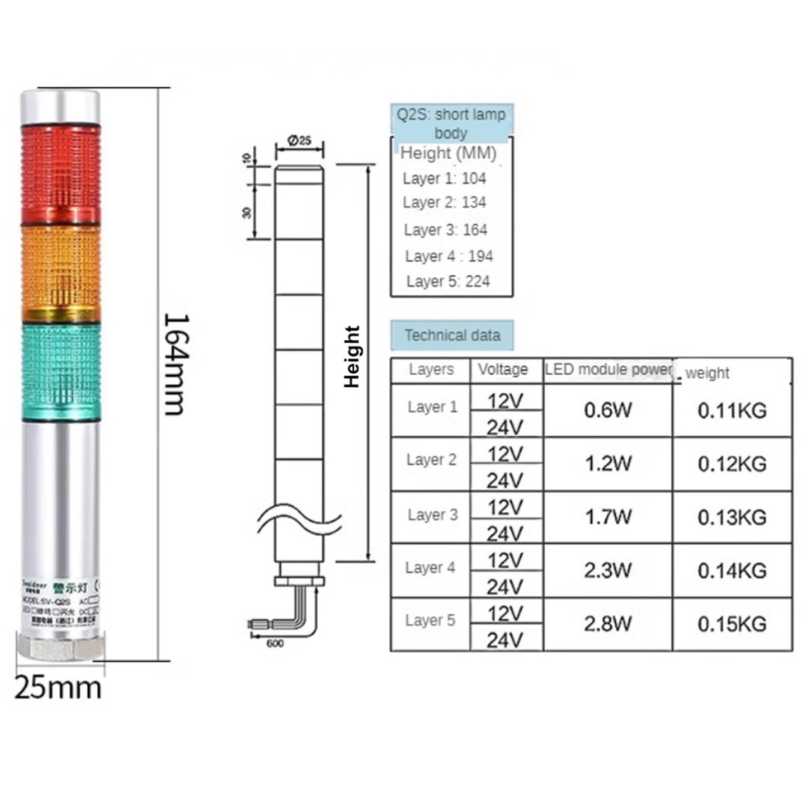 Luz LED en miniatura de advertencia de 1/2/3/4/5 capas, sirena de voz impermeable 12 V, 24 V, 220 V, para equipo de alarma, sonda con zumbador (220 V, 2 capas)