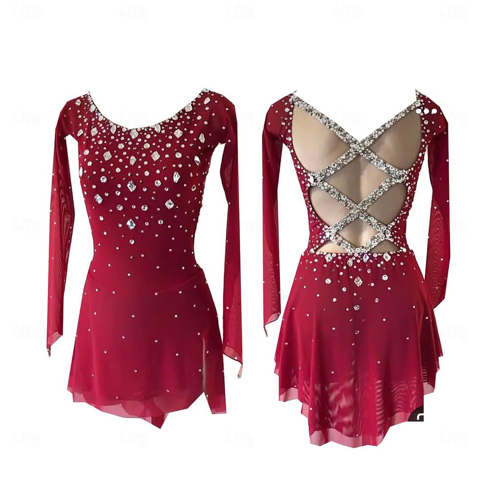 Modisches Eiskunstlauf-Outfit mit Langen Ärmeln, handgefertigter Eiskunstlaufrock, Outdoor-Gymnastikanzug für Damen/Mädchen, rückenfreier Rollschuh-Trainingsrock