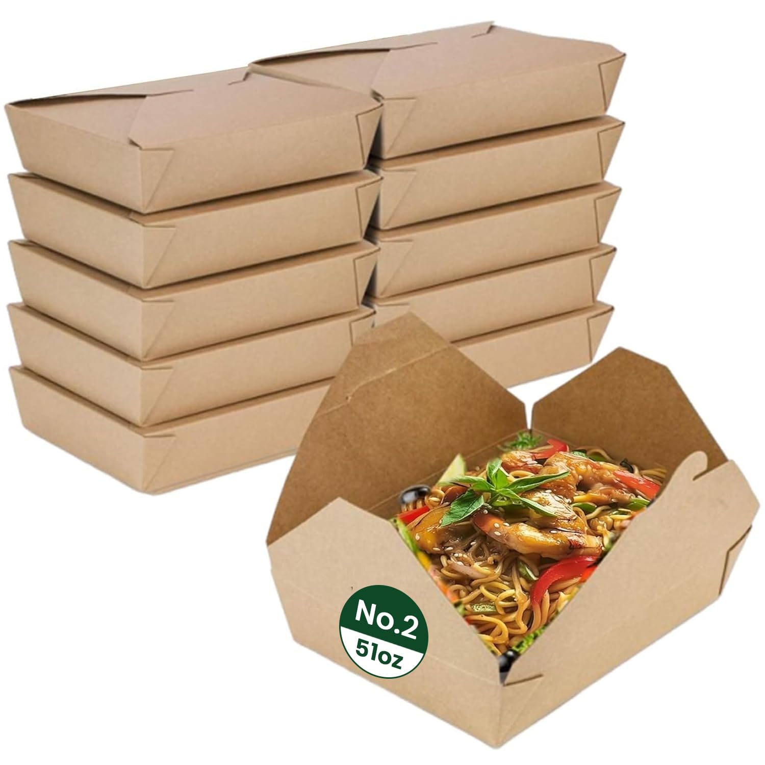 ECONX 51oz No.2 Kraft Takeaway Food Boxes 1450ML Cardboard Leak-Proof Biodegradable Kraft Deli Food Take out Containers For Sandwich, Cheesecake, Burger Snack Salad Lunch Boxes Party (100)