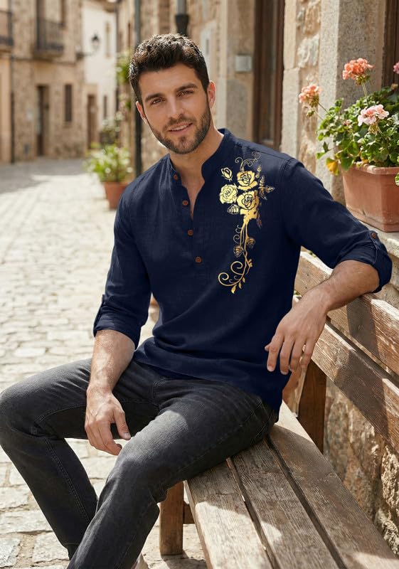 Image of Zombom Men's Cotton Polyester Blend Mandarin Collar Self One Design Printed Full Sleeve Regular Fit Casual Short Kurta