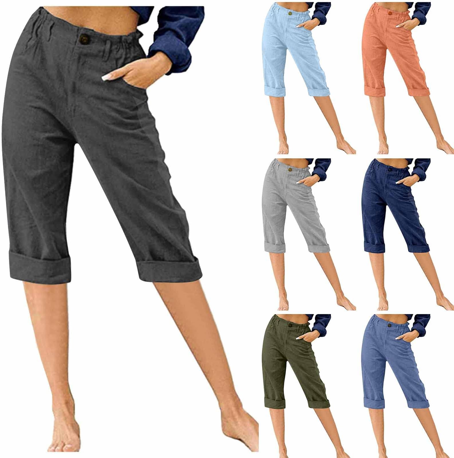 DASAYOWomens Capri Pants for Summer Cotton Linen Button Down Elastic Waist Loose Colour Pure Capris Pant Trendy Casual
