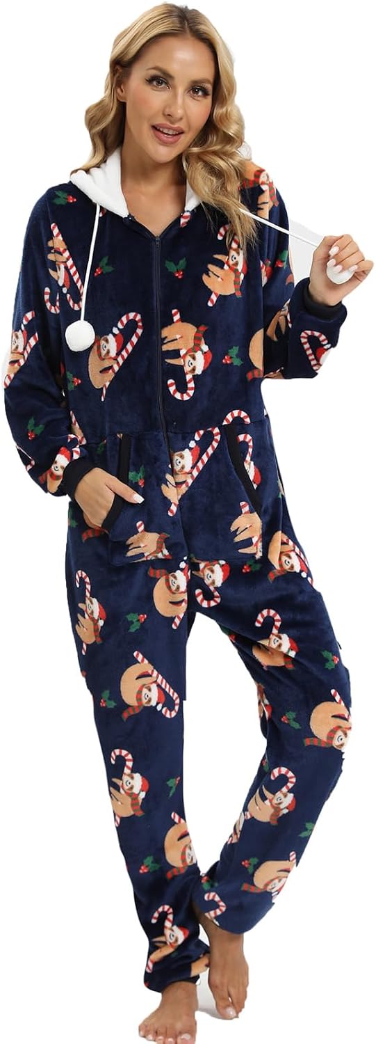 Christmas Pajamas Set for Women, Festive Onesie with Hood - Holiday Themed Adult Jumpsuit Loungewear Collection​