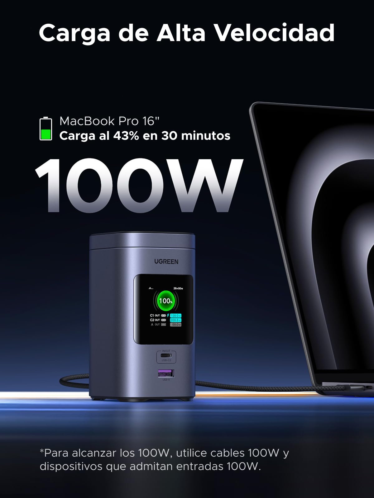 UGREEN Nexode Pro Qi2 15W Power Bank 20000mAh Batería Externa USB C PD 100W | Carga Rápida, 4 EN 1, Charge Magnétique, 3 Puertos 2C1A, Pantalla TFT, Cargador PC, Compatible con iPhone 17 16 15 Galaxy S26