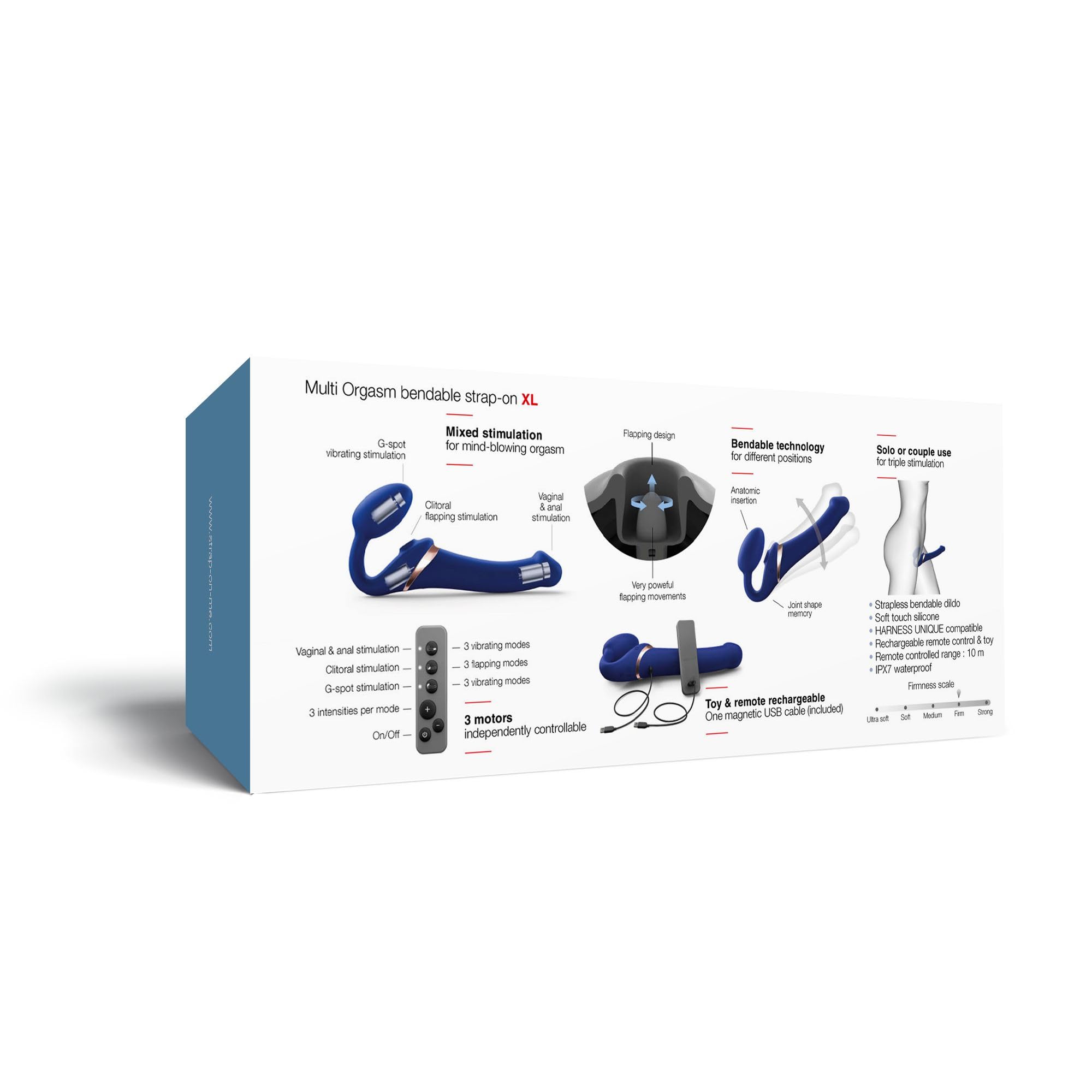 Strap-On-Me Strap-on Multi-Orgasmo Telecomandato 3 Motori – Tecnologia a Memoria di Forma – Tripla Stimolazione – Sex Toy Donna & Uomo in Silicone Morbido – Senza Imbrago, Impermeabile - Blue XL