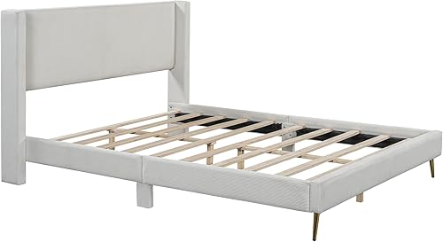 Miniatura 5 de Base de cama moderna de plataforma de pana tamaño Queen con cabecera con respaldo de alas, base de cama tapizada con patas de metal, soporte de