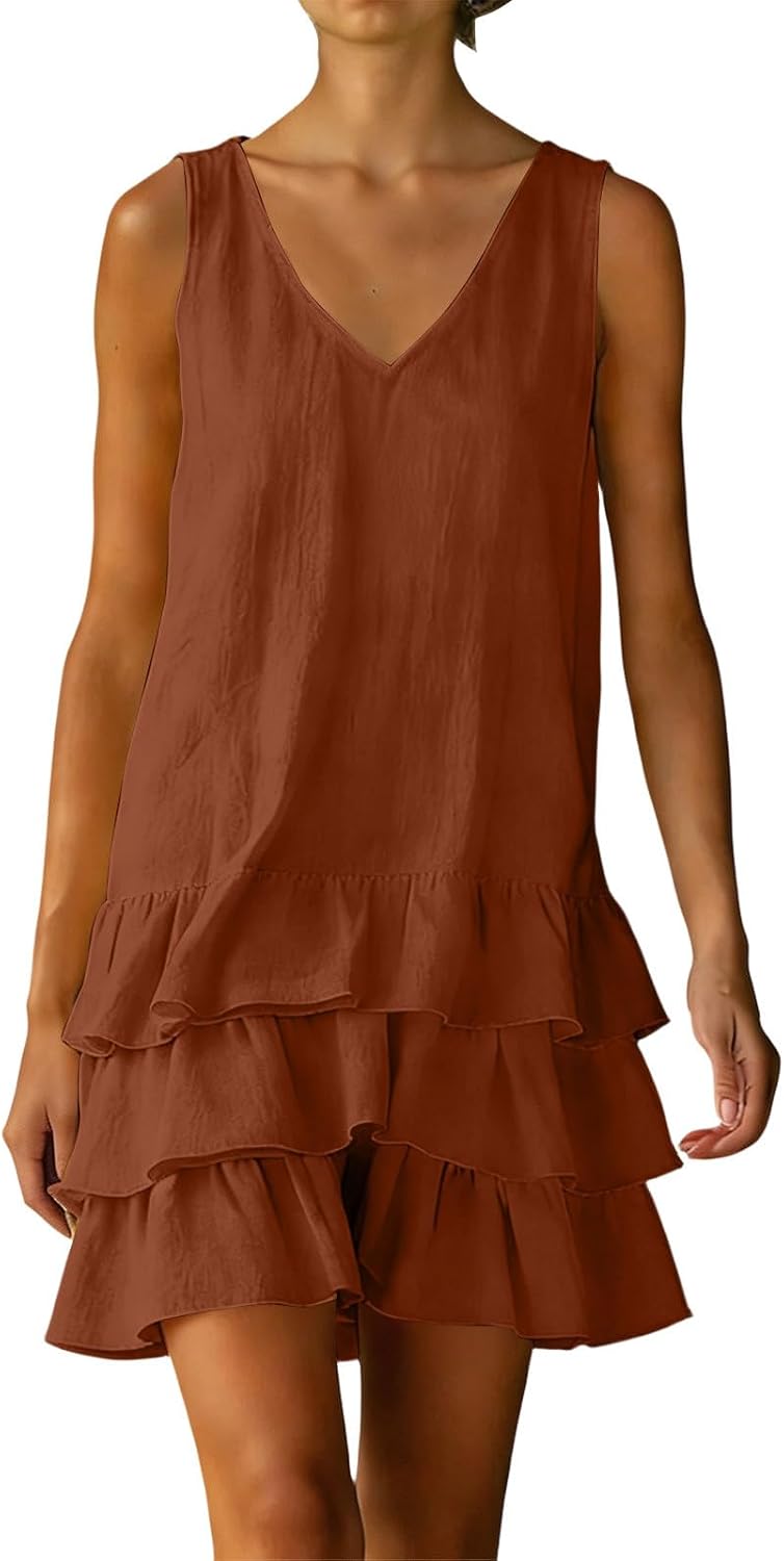 Women Layered Ruffle Sundress, 2026 Casual V Neck Peplum Tank Dresses Summer Sleeveless Boho Vacation Dress