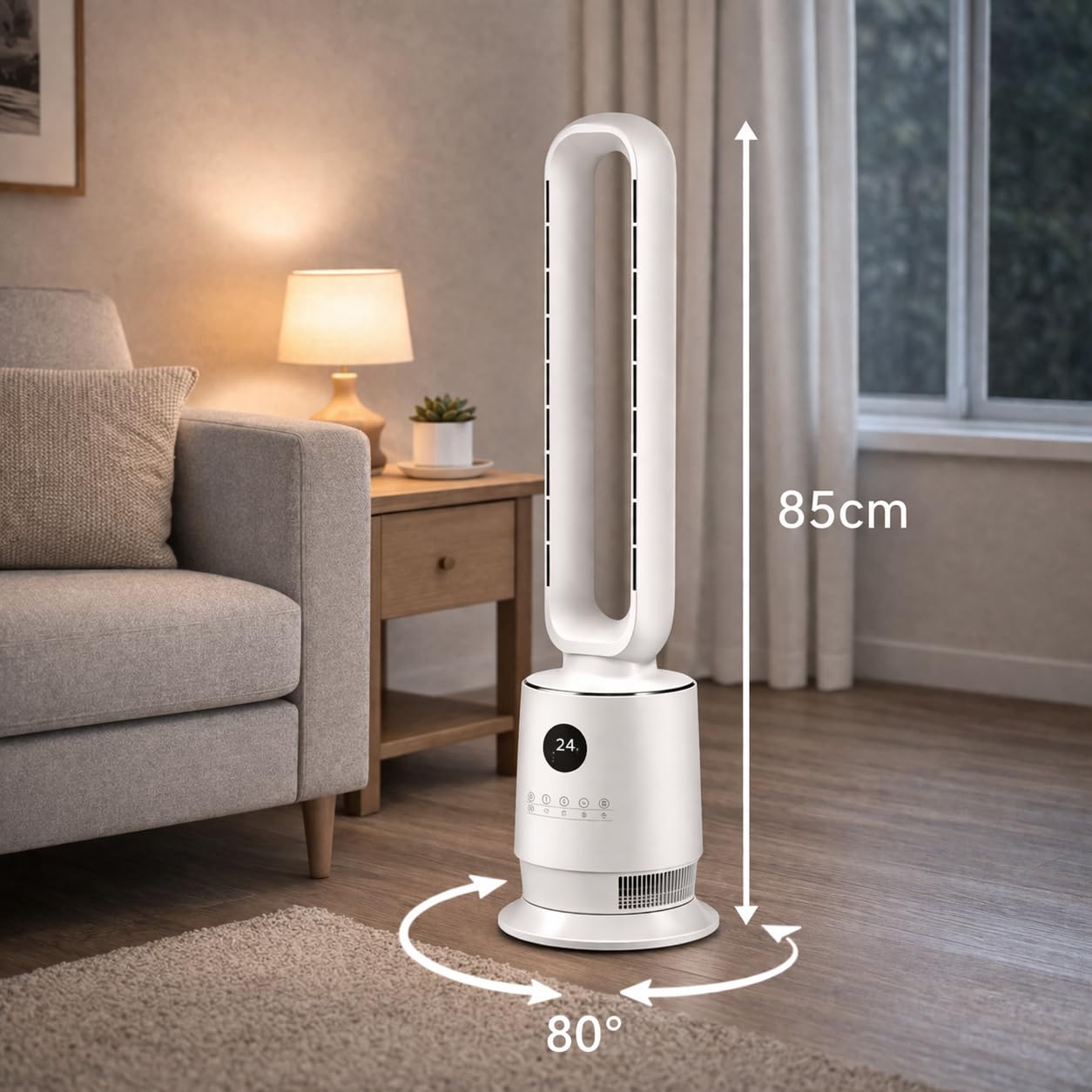 Max Star - Ventilador de Torre sin Aspas 50W con Pantalla LED de Temperatura, Silencioso con Mando a Distancia, 3 Velocidades, Oscilación 80°, Temporizador 12H, 85 cm de Altura para Hogar y Oficina