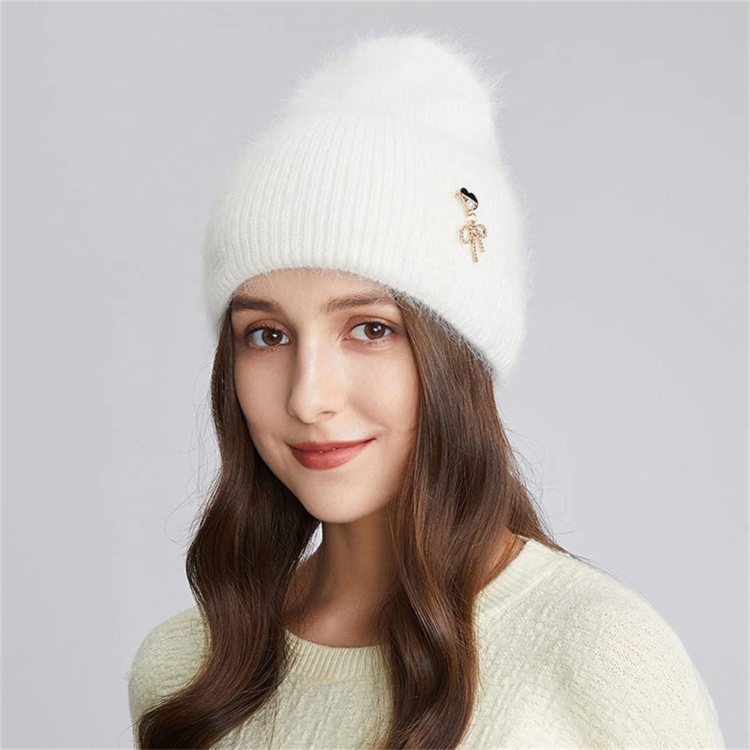 Gorros de Invierno para Mujer, Gorro de Punto de Lana de Angora Suave y cálido, Gorro con puños Anchos, Gorro de Calavera
