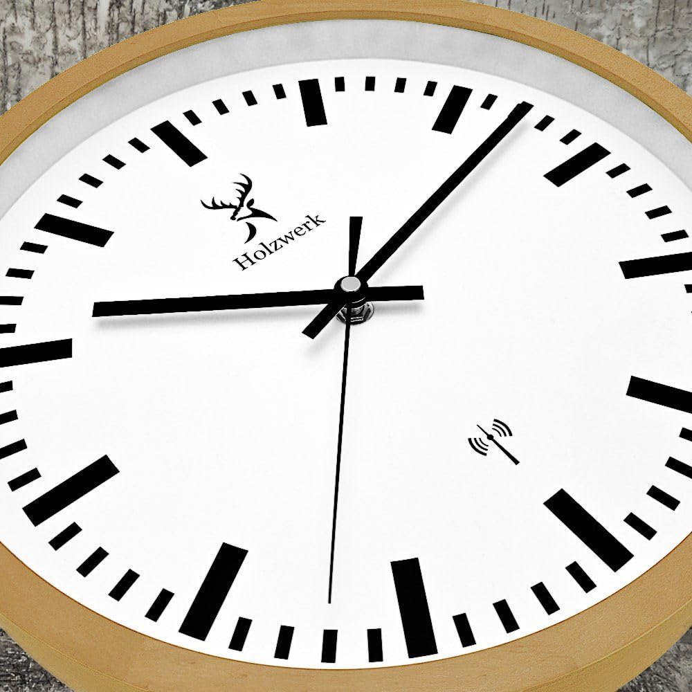 Holzwerk Germany Natur Funkwanduhr Funk Wanduhr Holz-Uhr Retro Vintage Funkuhr lautloses Uhrwerk ohne Tickgeräusche Braun Weiß Massive Buche lautlos aus handgefertigtem Massivholz Natur Holz 30 cm