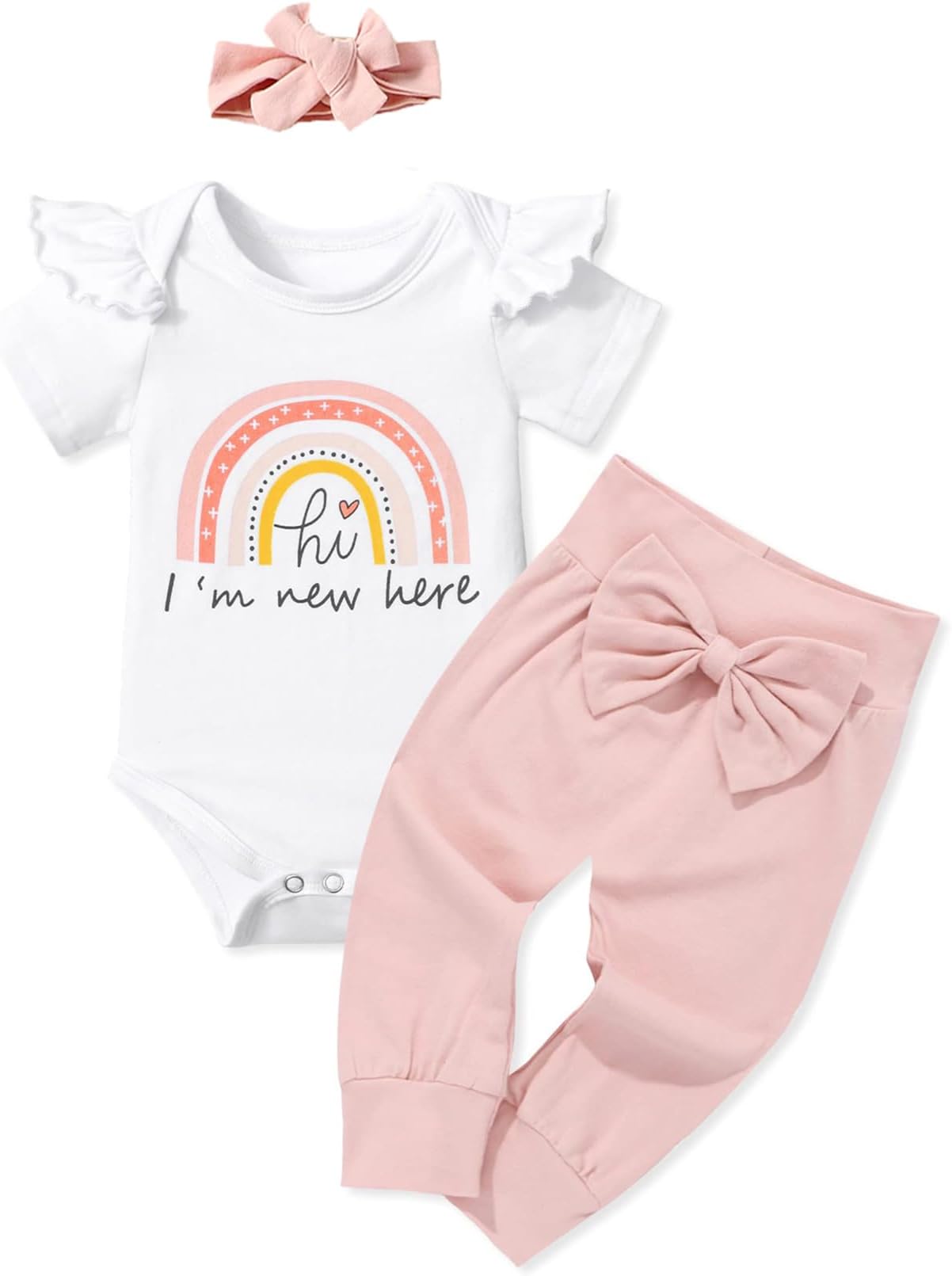 XumploNewborn Baby Girl Clothes Infant Baby Girls Outfits Toddler Short Sleeve Letter Print Top Romper Bow Pants with Headband 3Pcs Clothing Set 0-12 Months