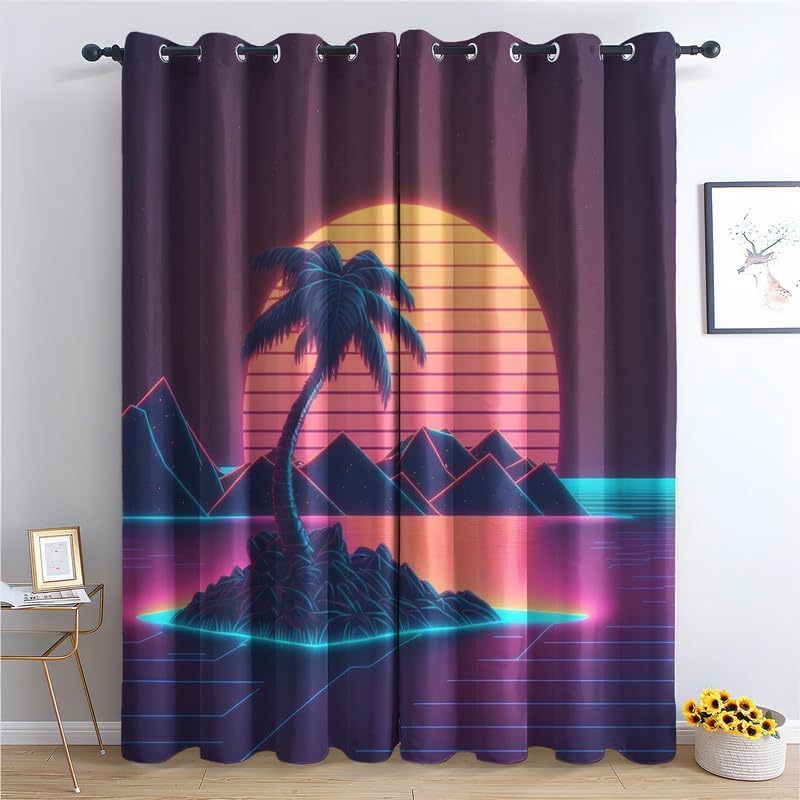 Neon Curtains for Bedroom Living Room, Sunset Blackout Curtains 63 Inch Length 2 Panels Set, Thermal Insulated Grommet Drapes, Decorative Patterned Window Treatments