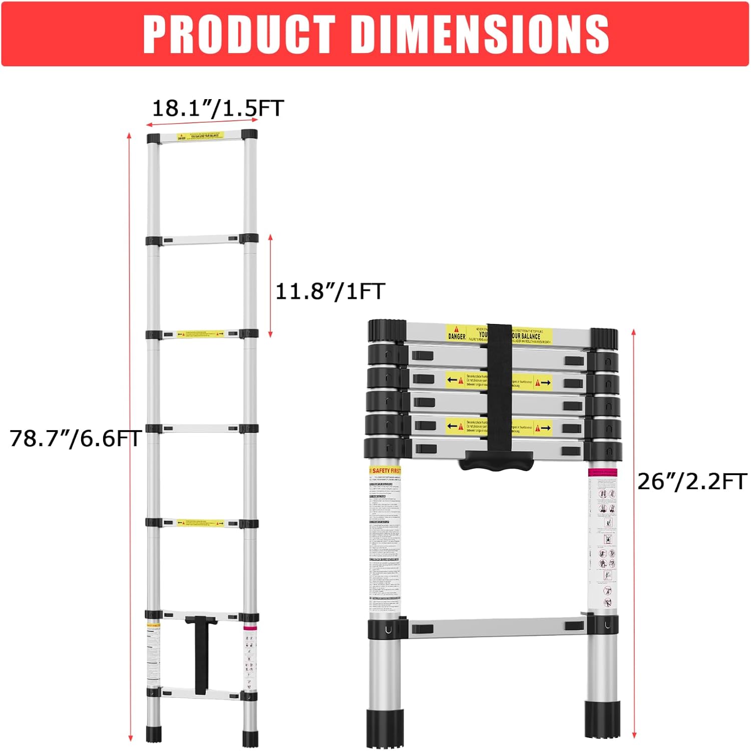 6.6 Ft Extension Ladders, 330 Lbs Capacity Lightweight Aluminum Telescoping Ladders with Locking Mechanism, Portable Multi-Purpose Collapsible Ladders for Home, RV, Attic, Office