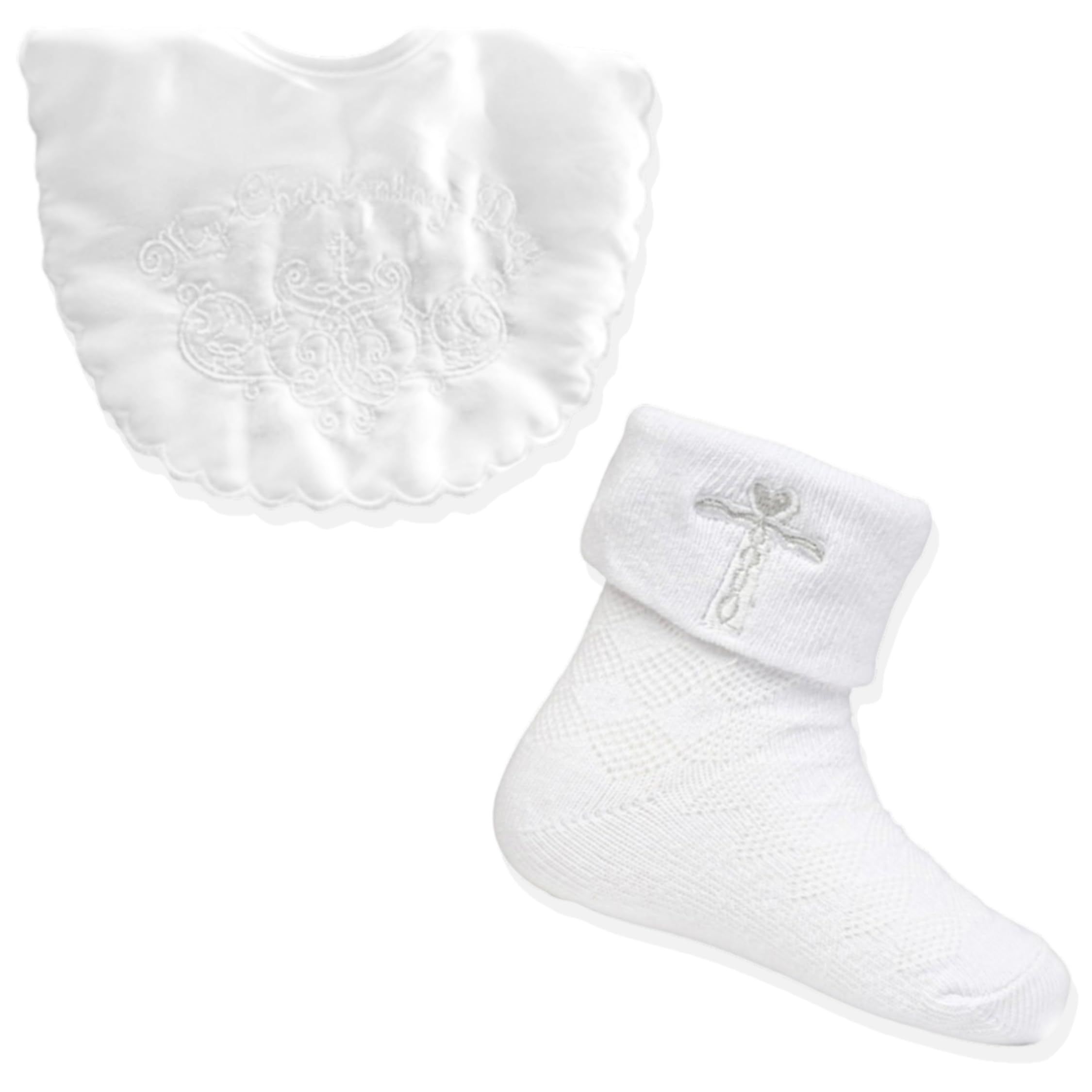 Baby Togs Men's White Baby Christening Set - Bib & Socks Baptism Gift Set For Baby Boys And Girls 0-6 Months & 6-12 Months 6-12 Months