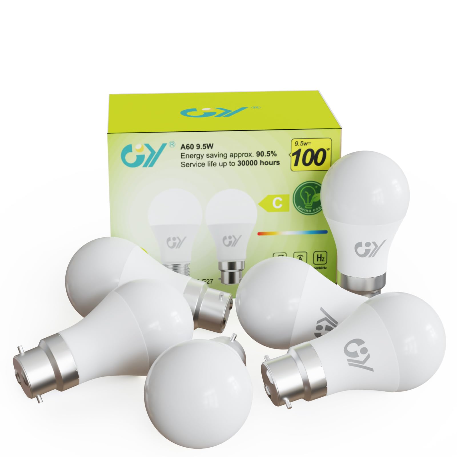 GY GY Bayonet Light Bulbs,B22 LED Bulbs Cool White 6500K 100W Equivalent,9.5W 1521 Lumen Ultra Energy Saving Light Bulbs,Non-dimmable,6-Pack