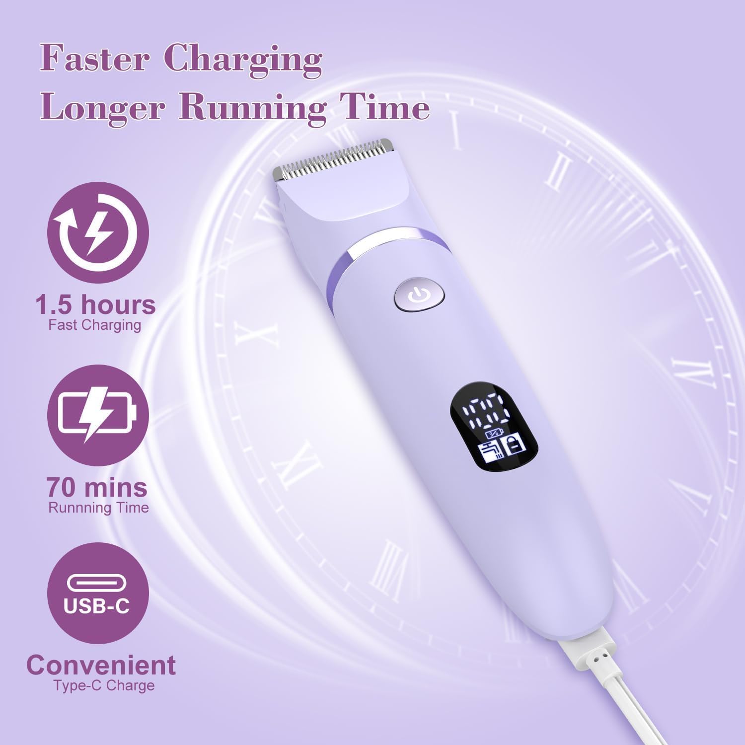 Damenrasierer für Gesicht, Achseln, Beine, Arme & Bikinizone Rasierer Elektrorasierer für Frauen Körpertrimmer Intimrasierer Bikini-Trimmer für Frauen IPX7 Wasserdicht Nass/Trocken LCD-Display Lila