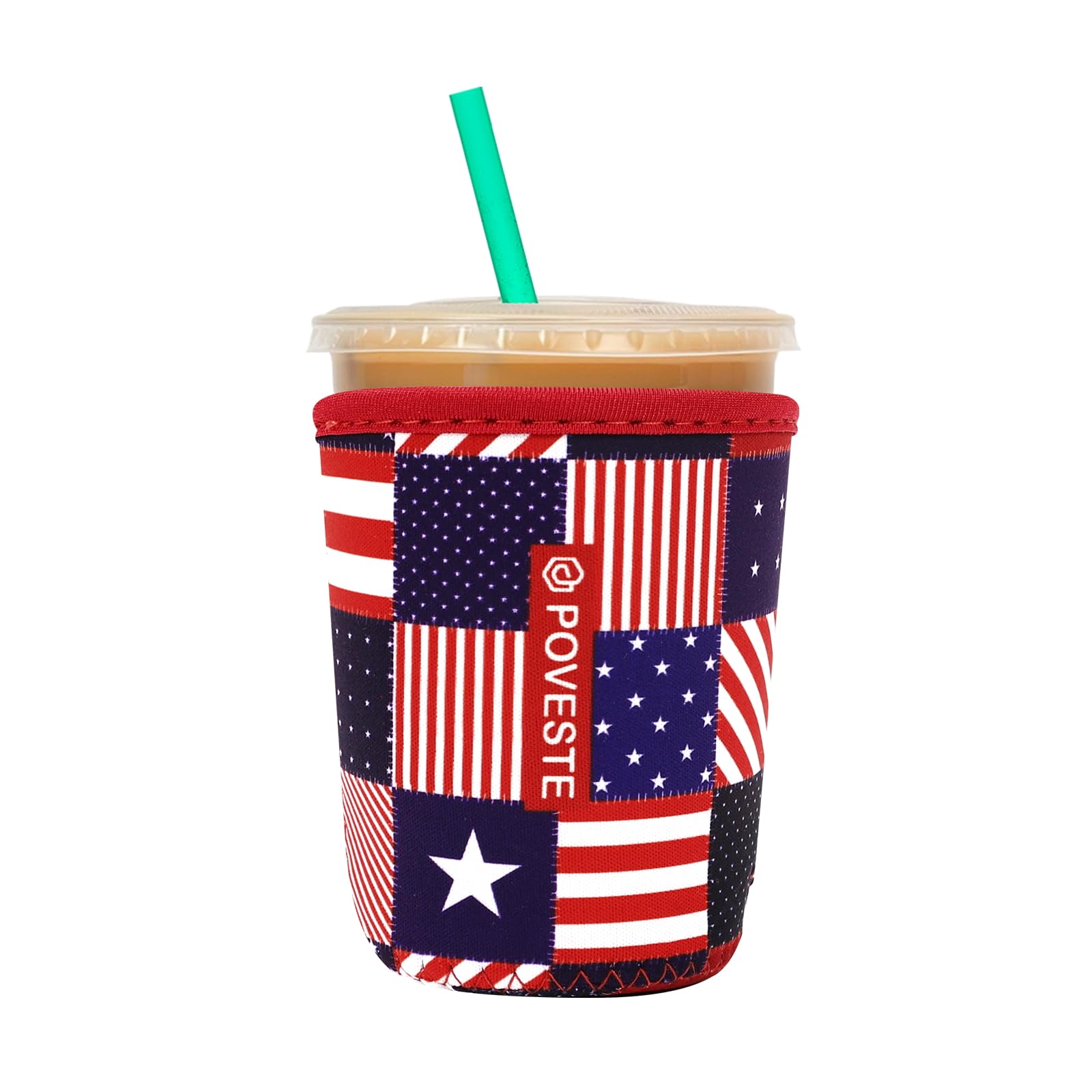 Reusable Neoprene Insulator Sleeve for Iced Coffee &amp; Cold Soda, Coffee Sleeves for Iced &amp; Hot Drinks, Cold Beverage Cooler Compatible with Starbucks, Dunkin (Patriotic Flags, Small: 16-18oz)