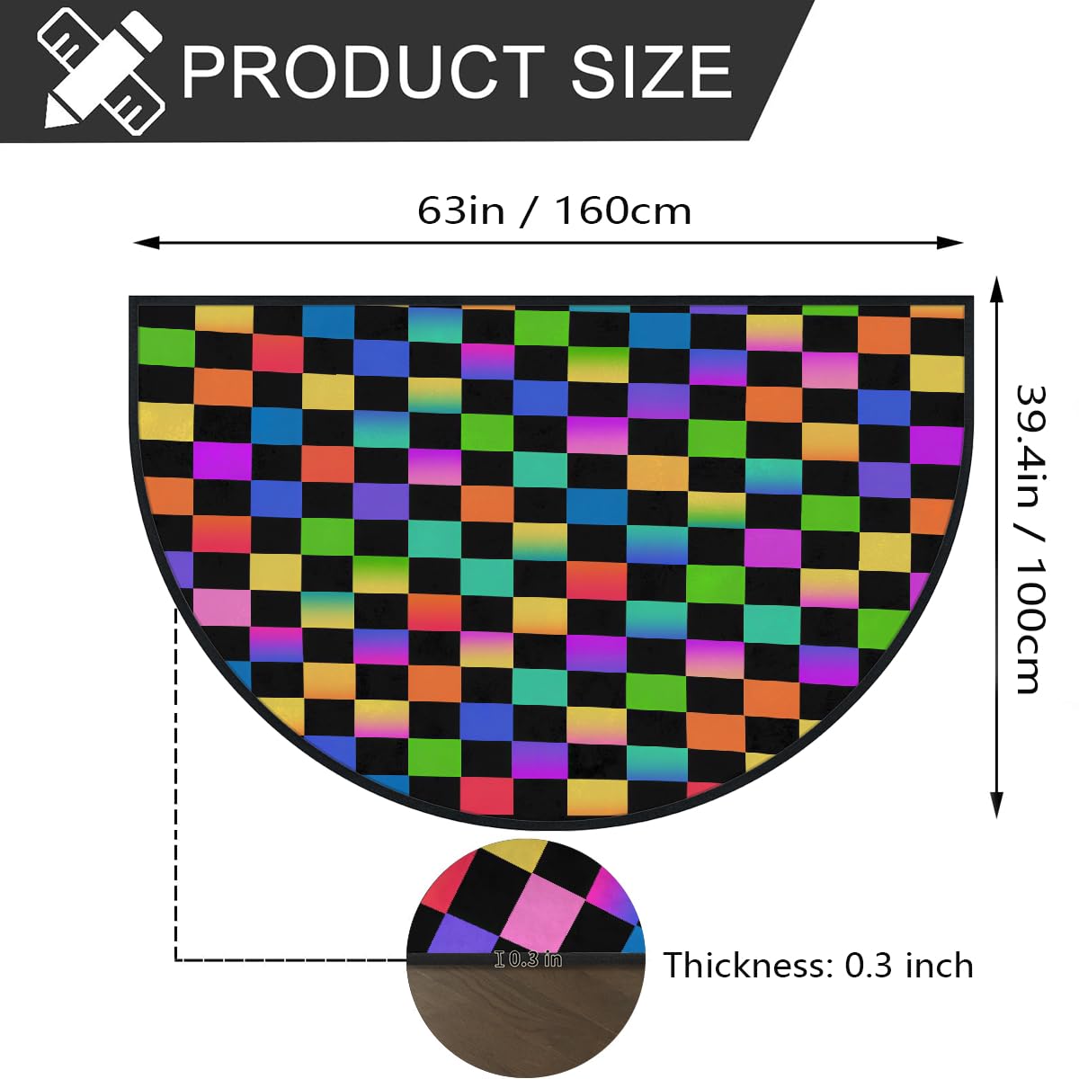 Große halbrunde Fußmatte, regenbogenfarben, kariert, saugfähig, rutschfest, halbrund, Eingangsbereich, niedlich, weich, halbrund, waschbar, Teppich für Küche, Badezimmer, Schlafzimmer, 160 x