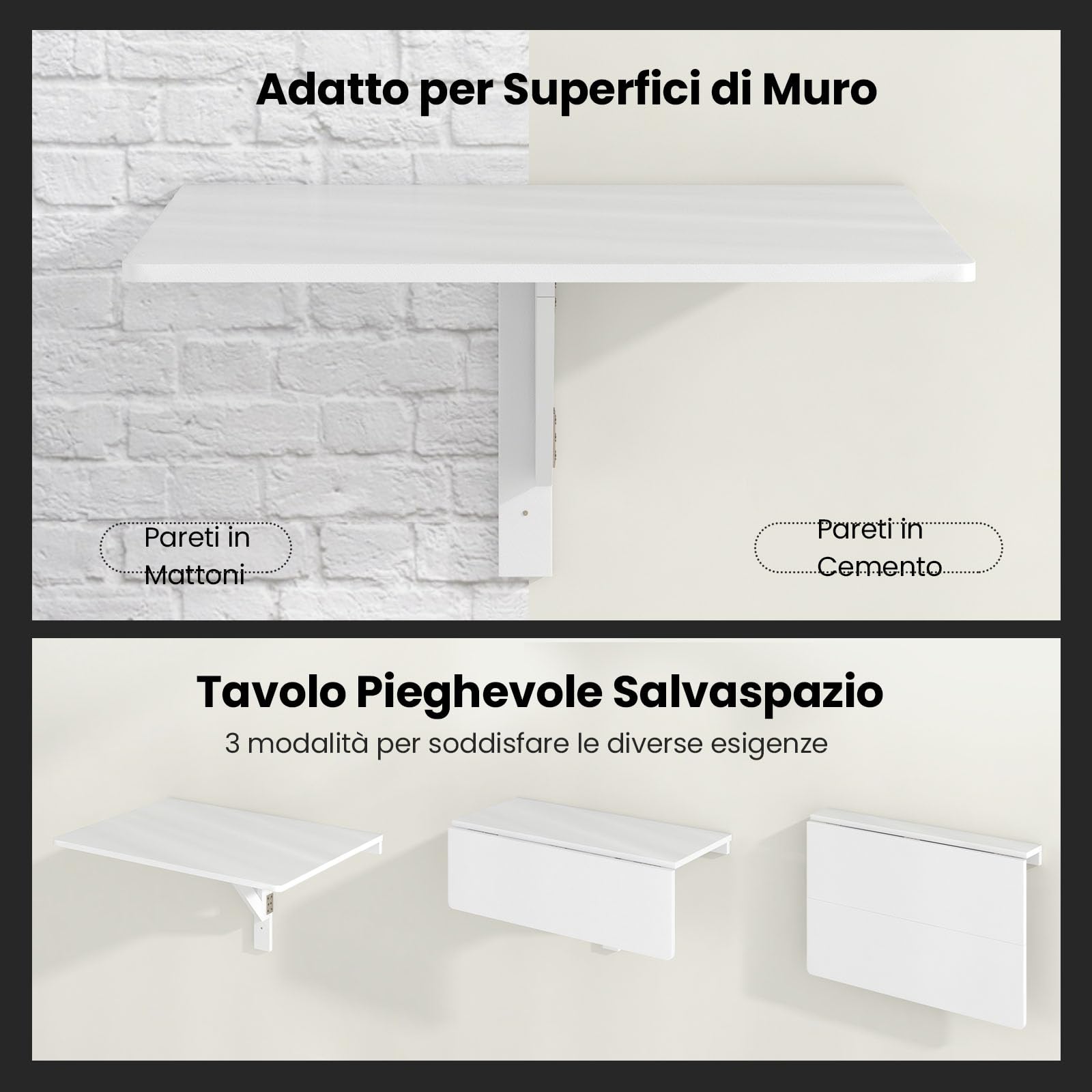 GYMAX Tavolo a Parete Pieghevole Galleggiante, Scrivania a Scomparsa per Spazi Ridotti Salvaspazio, per Ufficio Domestico, Sala da Pranzo, Studio, 80 x 60 x 45 cm (Bianco)