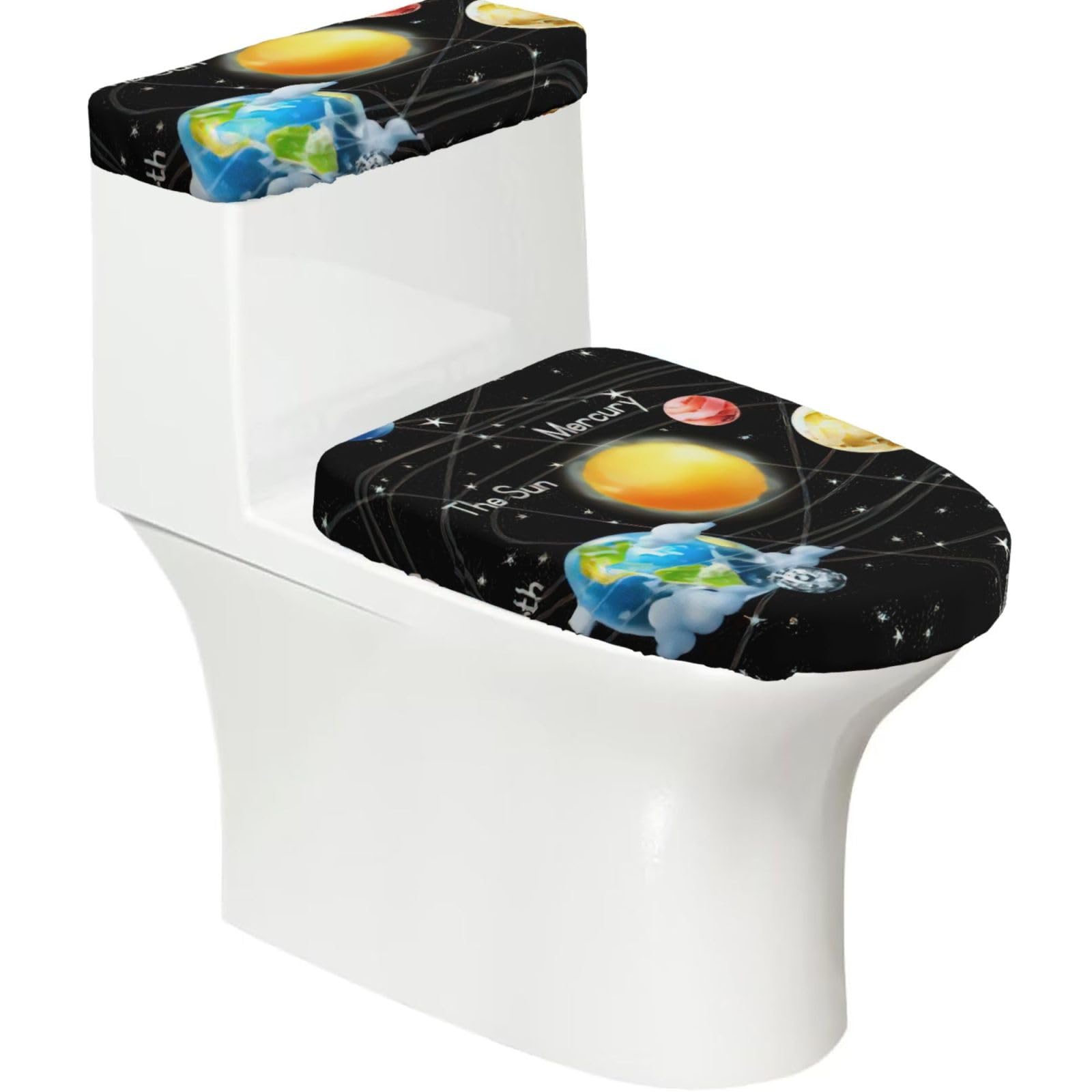 Planets Stars And Milky Way Galaxy Print Stretch Toilet Covers Set, Polyester Covers Replacement For Fits Most Size Lids Bathroom Decor