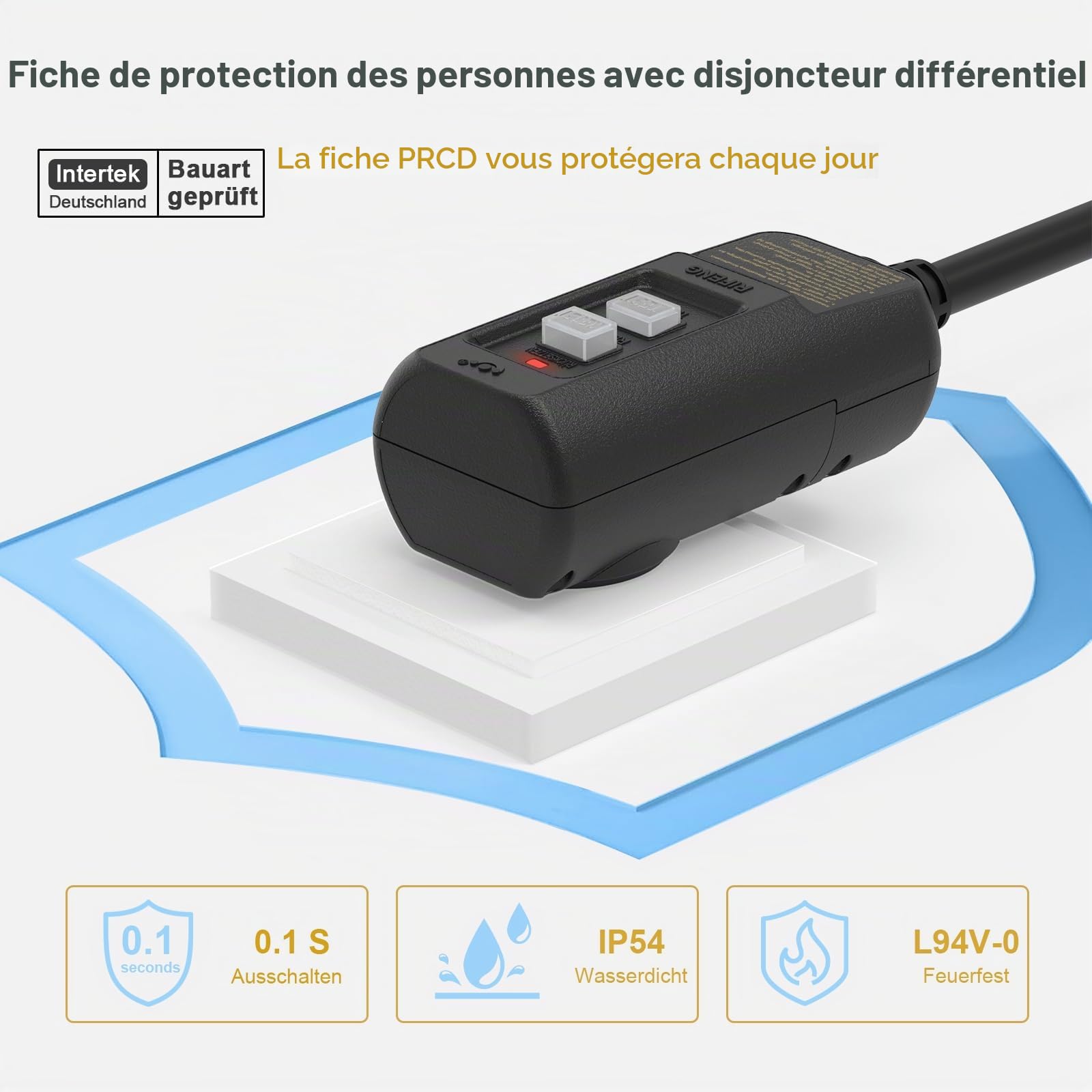 PRCD Fiche de protection personnelle 30 mA, 230 V/16 A, interrupteur FI type A avec IP54, avec temps de déclenchement de 0,1 s pour tondeuse à gazon et atelier