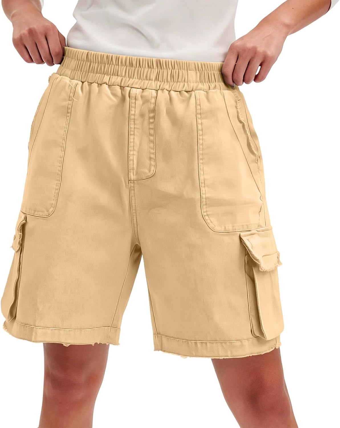 Women's Cargo Shorts Summer High Waisted Bermuda Shorts Casual Trendy Jean Outfits Elastic Waist Pant with Pockets
