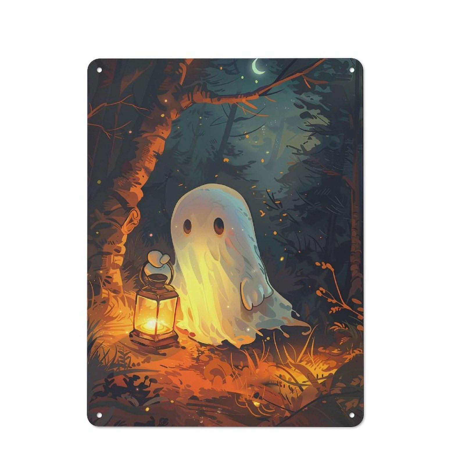 Junmoney Cute Spooky Ghost Holding A Lantern Cottage Metal Wall Decor 40X30cm, Shed Metal Sign For Patio Bar, Workshop, Shed Or Kitchen