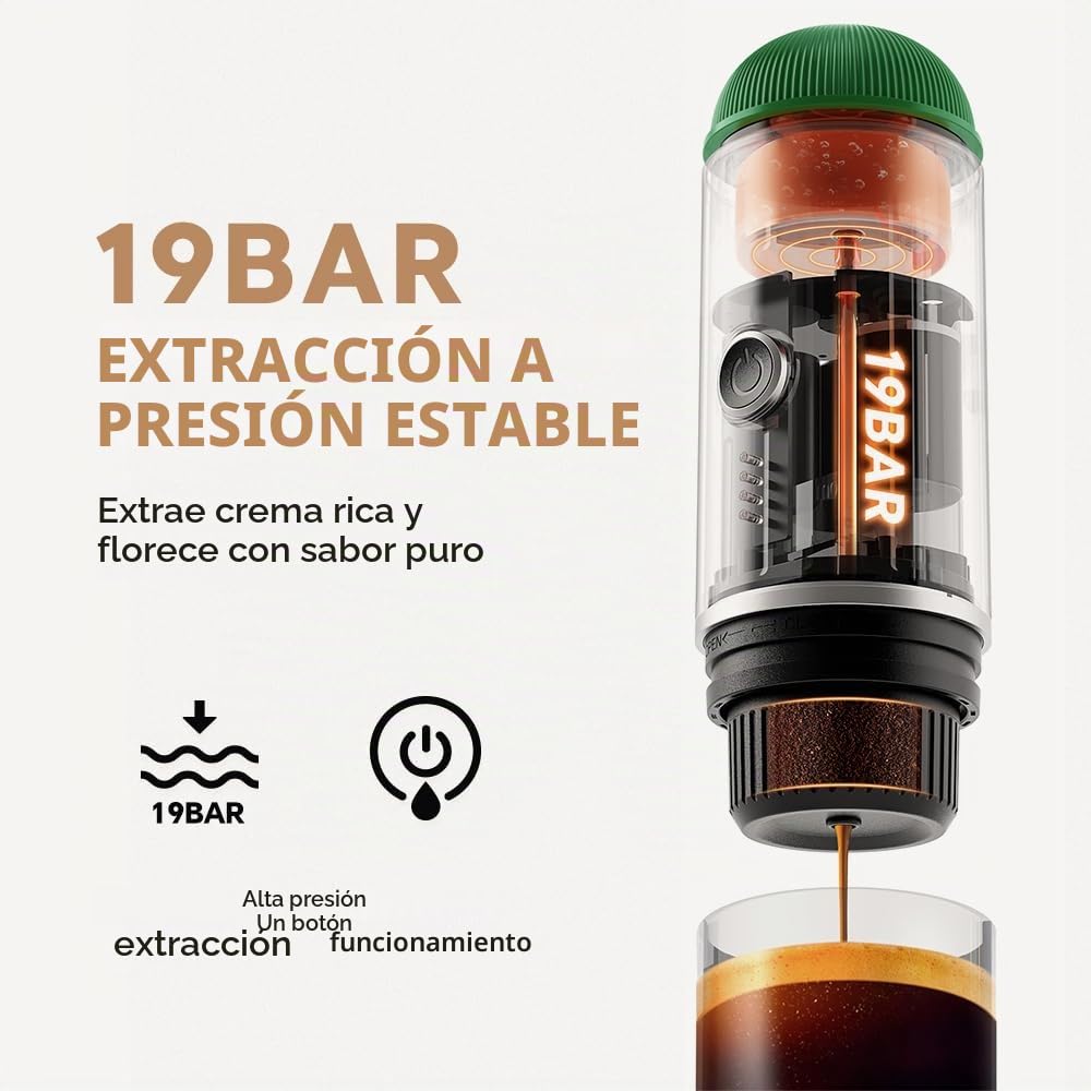 Cafetera eléctrica portátil, cafetera de viaje para autocaravanas, autocalentable, con café molido y adaptador para cápsulas NS para autocaravanas, senderismo y oficina, color verde