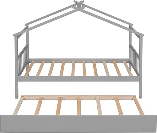 Miniatura 212 de Merax Cama de madera de tamaño individual con dos cajones, marco de cama de madera con techo para niños, adolescentes, niños o niñas, gris