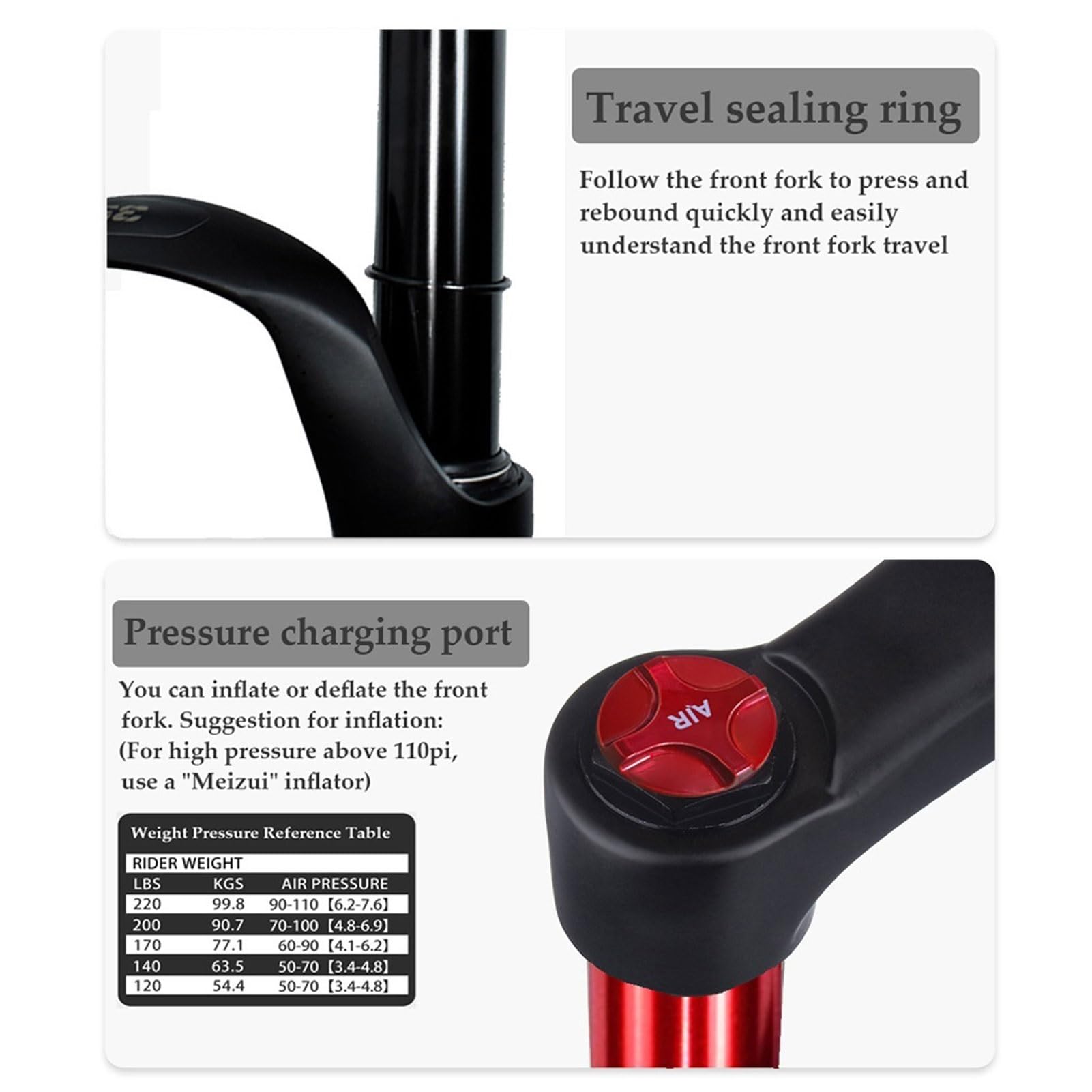 Horquilla de Suspensión Neumática MTB 26/27.5/29 Recorrido de 140mm, Ajuste de Rebote 28.6mm Tubo Recto/Cónico Bloqueo Remoto QR de 9mm for Horquillas Delanteras de Bicicletas Am/XC