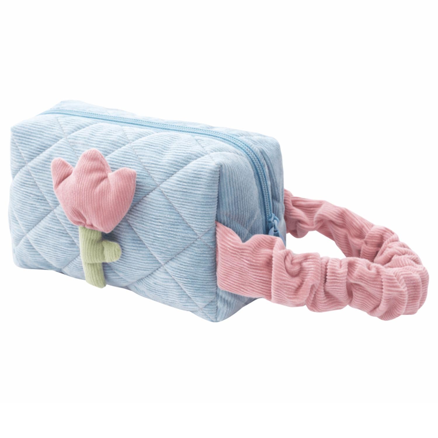 Quilted Corduroy Makeup Bag with Handle | Large Cosmetic Organizer | Travel Toiletry Pouch with Zipper | Water-Resistant Bag for Women (Blue with Pink Floral)-image-41