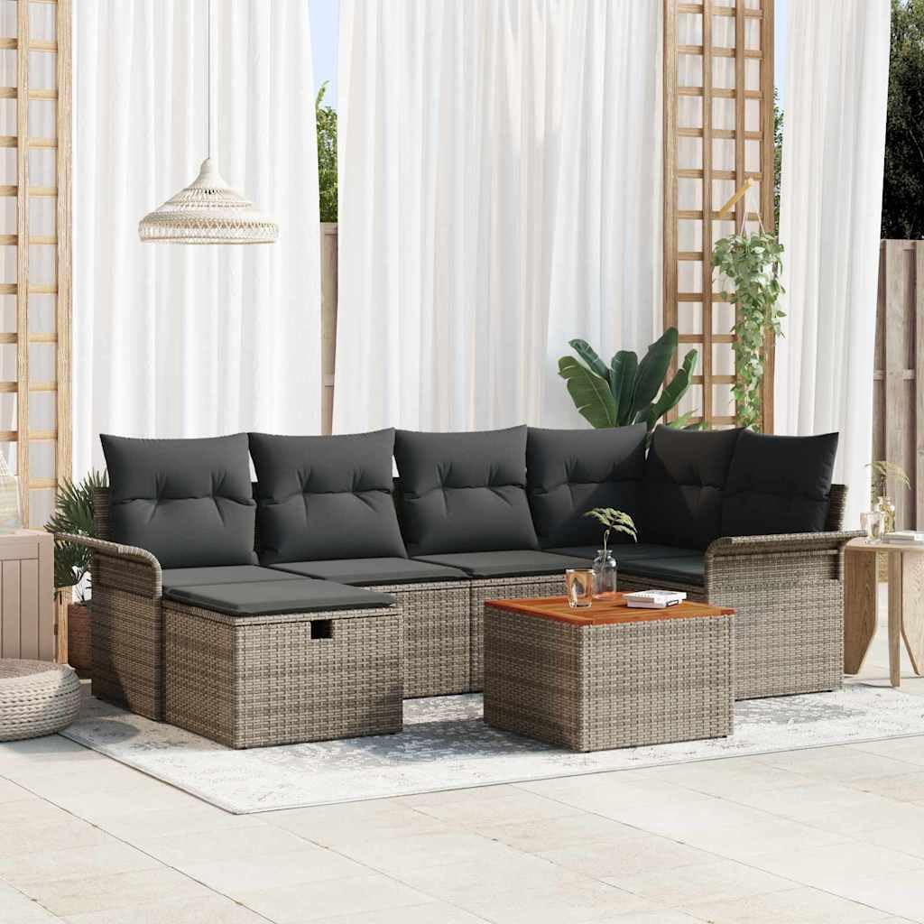 vidaXL Zestaw Sof na Ogród z poduszką 7 pcs Szary Polirattan, Zestaw kanap ogrodowych, modułowy design, lekki, odporny na UV, z miejscem na przechowywanie, zestaw z technorattanu