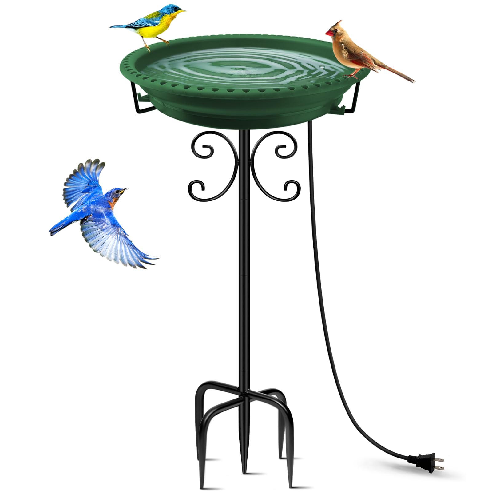 Daoeny Heated Bird Baths for Outdoors, Upgraded 100W Thermostatically Controlled Heated Bird Bath with 5-Prong Metal Base, Heated Bird Bath for Outside Winter Garden Patio Yard Lawn(Green)