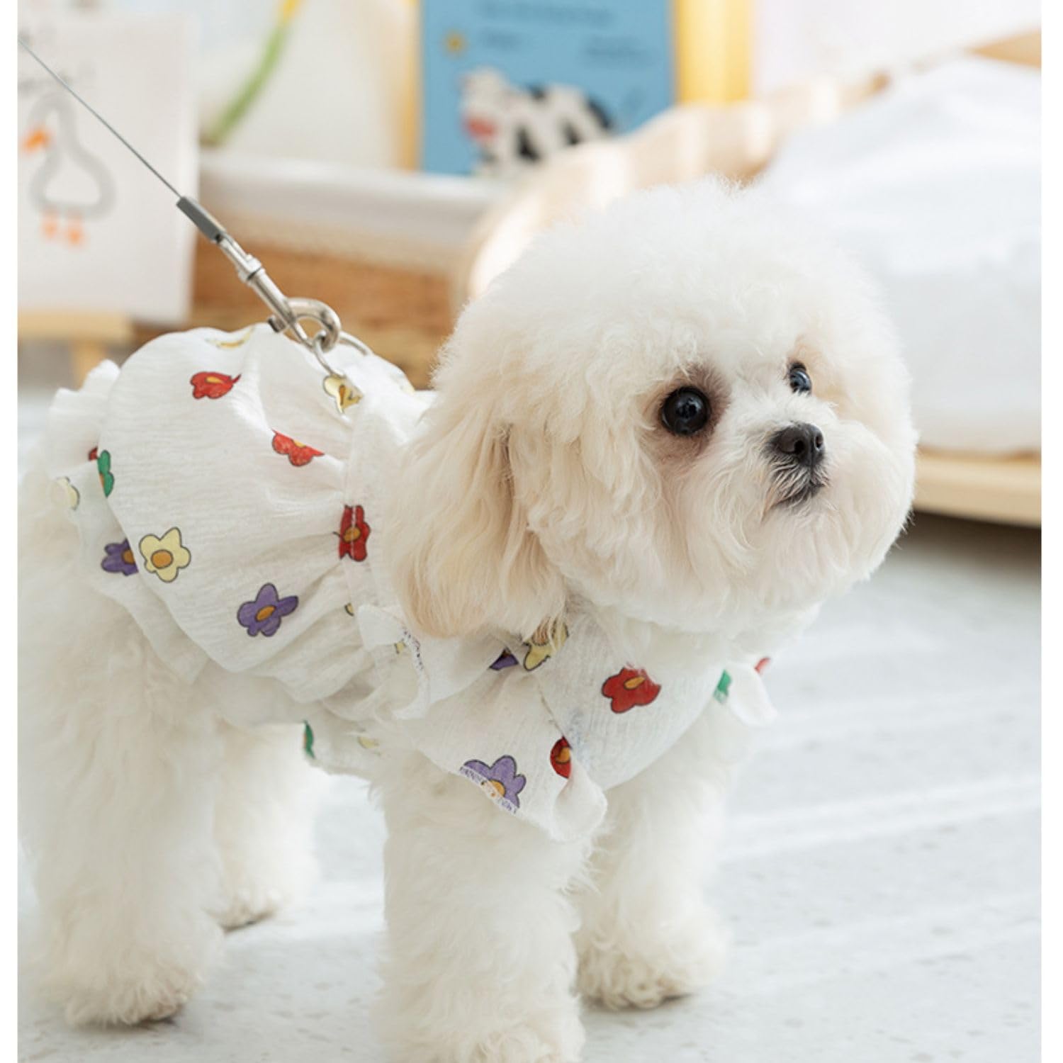 Small Dog Dress for Girl, Chiffon Floral Print Puppy Dress with Elastic Waistband, Lightweight and Breathable Pet Clothes, Summer Puppy Outfit for Chihuahua, Yorkie, Small Dogs(White,S)