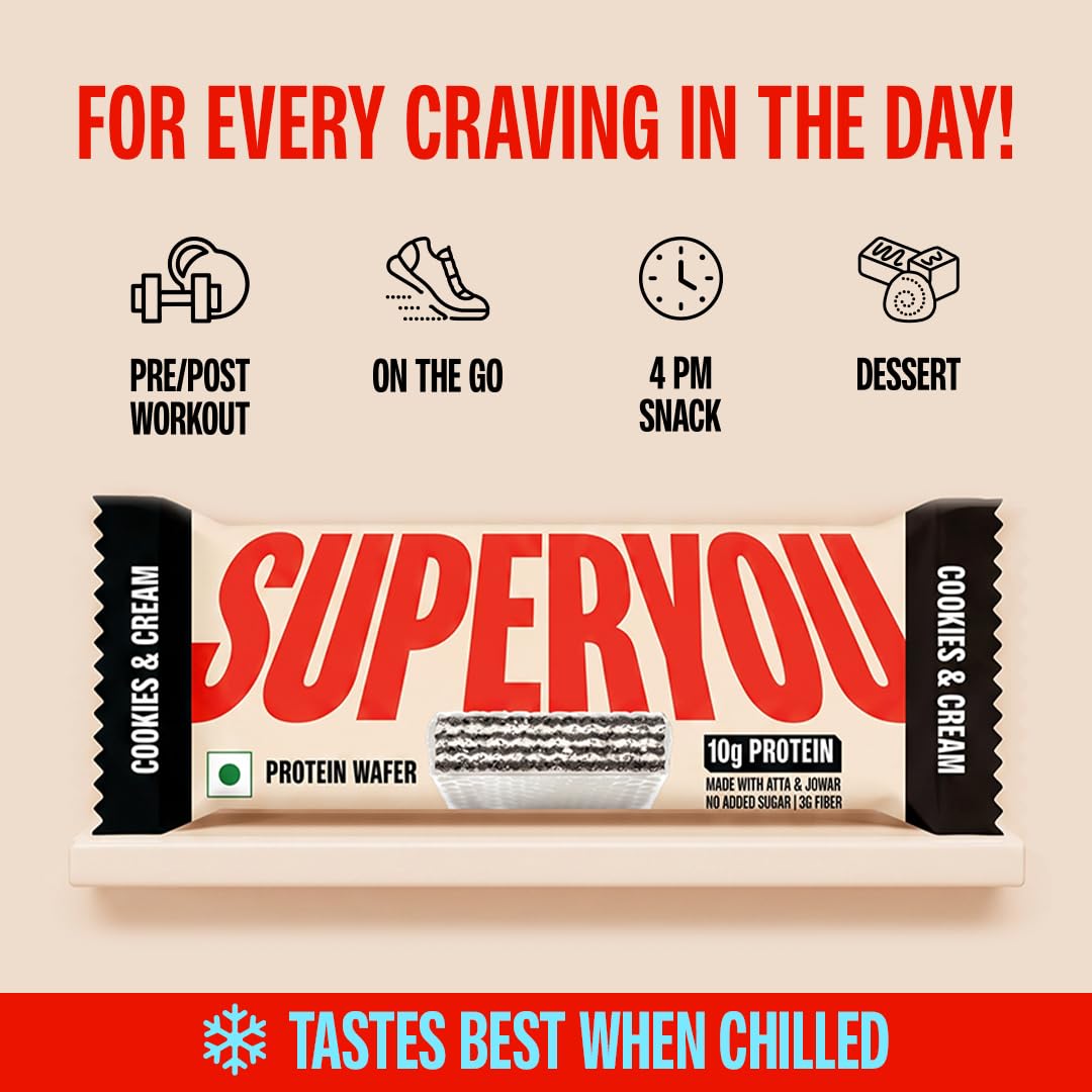 SuperYou Cookies & Cream Protein Wafer Bars (Pack of 10)|10g Protein, 3g Fiber, No Added Sugar|Yeast Fermented Protein|Energy Bars|Crunchy Wafer Bar|100% Vegetarian|No Palm Oil|400g 4