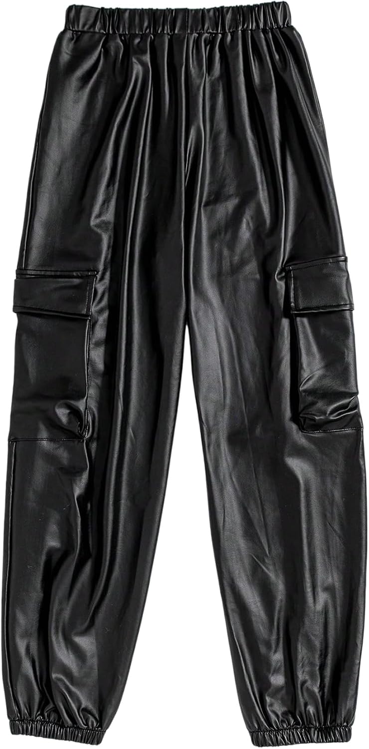 SHENHE Girl's PU Leather Cargo Pants Joggers Elastic High Waisted Hip Hop Dance Pants