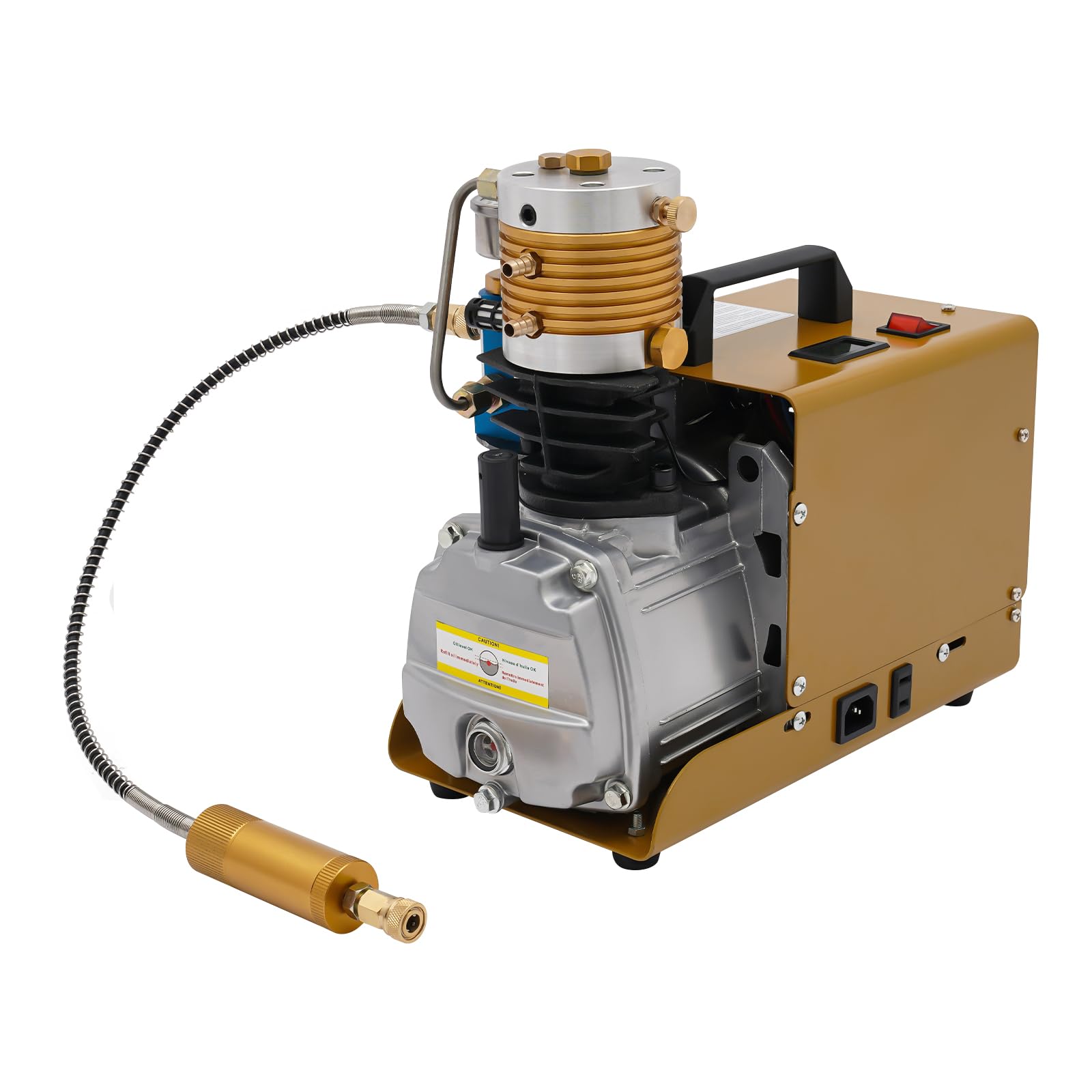 Pompa compressore d'aria ad alta pressione 1800 W 300 Bar PCP Compressore con raffreddamento ad acqua + raffreddamento ad aria, 100 L/min per fucile ad aria compressa paintball automobilistico, oro