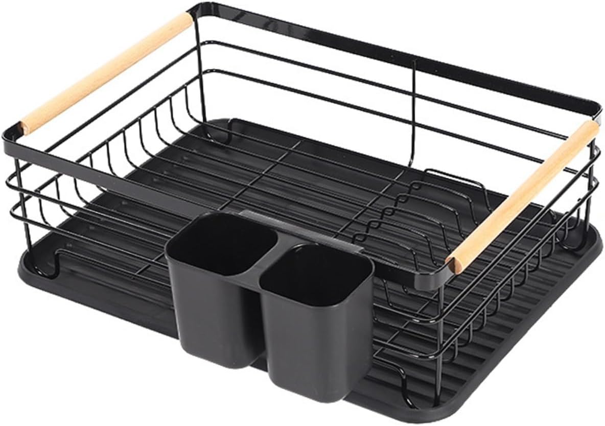 キッチンカウンター用食器乾燥ラック 黒 大型 水切り付き 鍋蓋収納可能 カトラリーホルダー付 、錆びにくい耐久設計