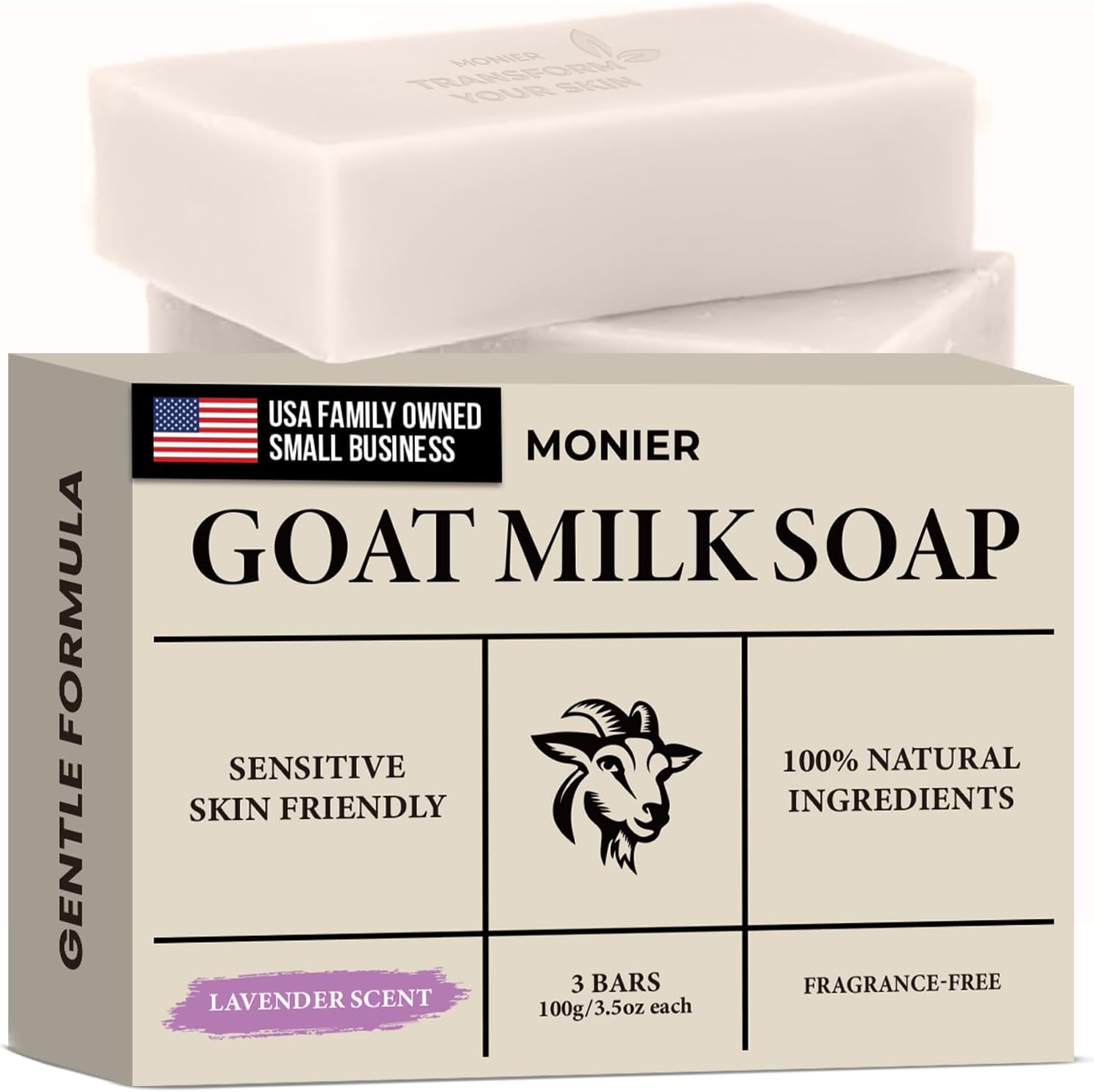 MONIER Goat Milk Soap Bar For Dry & Sensitive Skin - 100% Natural & Organic Skin Care - Enriched with Shea Butter - Use on Face, Body & Hands - For Men, Women, Kids & Baby (Lavender, 3 Pack)