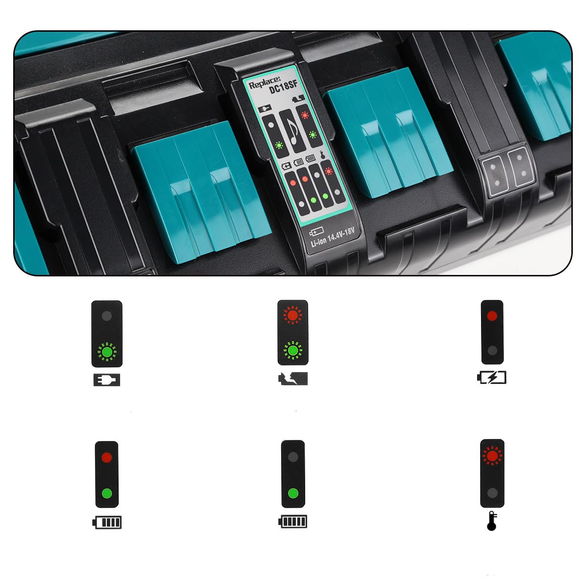 4-Port 18V Lithium-Ionen Ladegerät DC18SF für Makita 14.4V-18V Lithium Akku BL1830 BL1840 BL1850 BL1860 BL1815 BL1430, für Makita DC18SF DC18RC DC18RD DC18RA Schnellladegerät