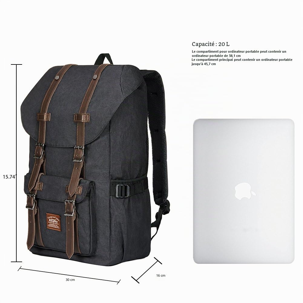 KAUKKO Sac à Dos Loisir Compartiment pour 15" Ordinateur Portable 20 litres Noir
