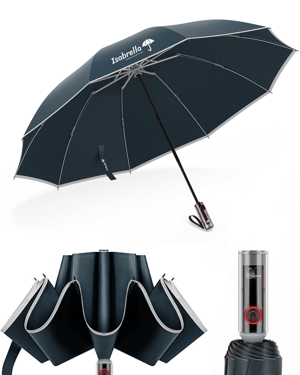 ISABRELLA Umbrella for Men - Reverse Umbrella with Automatic One-Touch Open - Umbrella 3 fold with 360° Reflective Strip - Folding Umbrella Suitable for Rainy Days