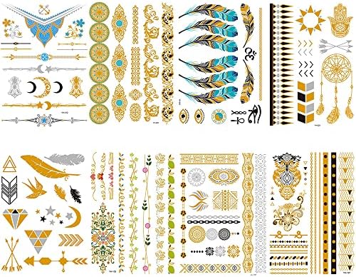 Amazon Co Jp Yesallwas タトゥーシール ゴールド キラキラ リアル 大判 8枚セット メタル 星 羽 海 花 輝く 刺青シール 入れ墨シール ボディーシール レディース 腕 足 体 背中に 15x21cm C ファッション