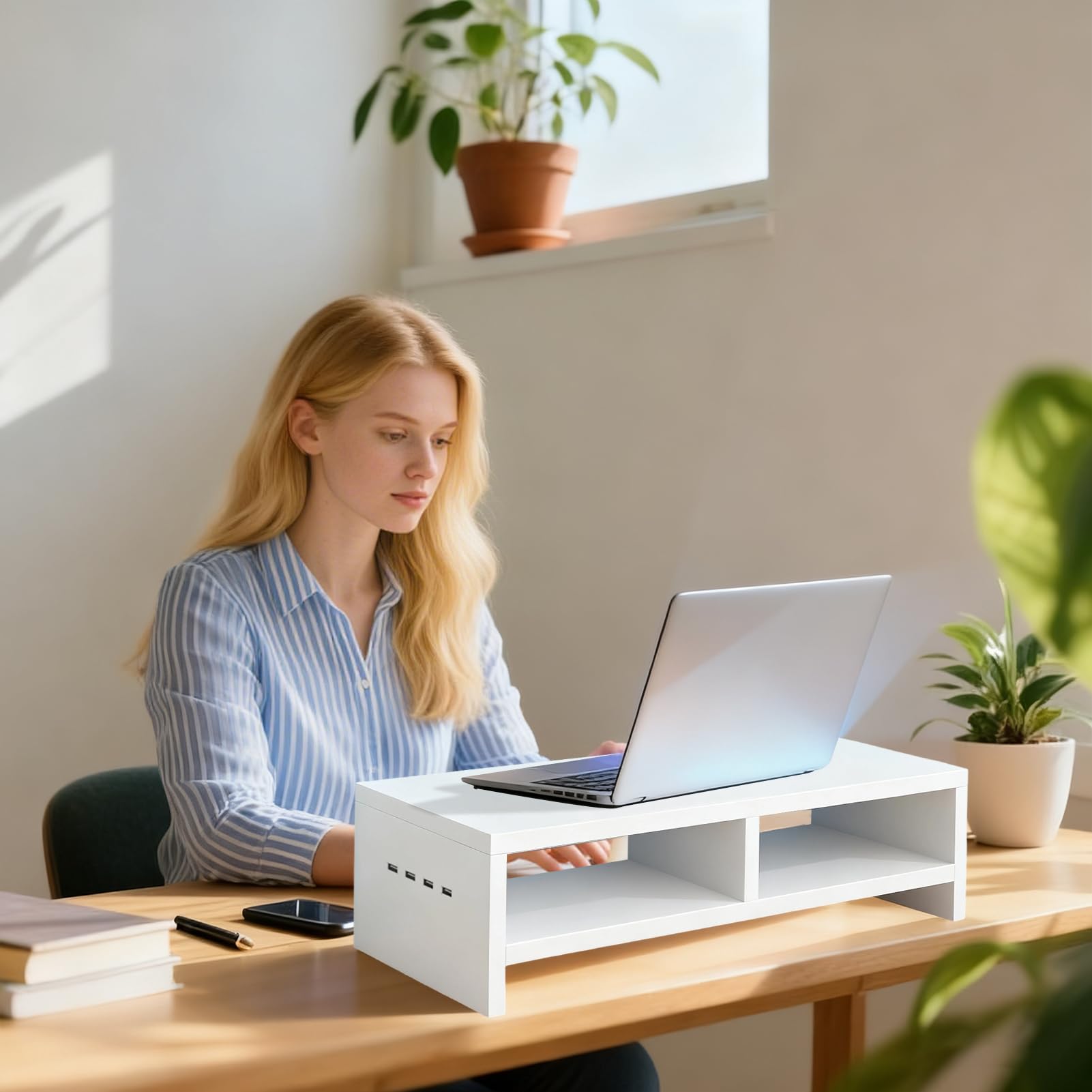 Sollevatore per monitor per computer a 2 strati con 4 porte USB, antiscivolo, supporto per stampante da ufficio con spazio di archiviazione, per computer portatile, elettronica, casa, ufficio, studio,