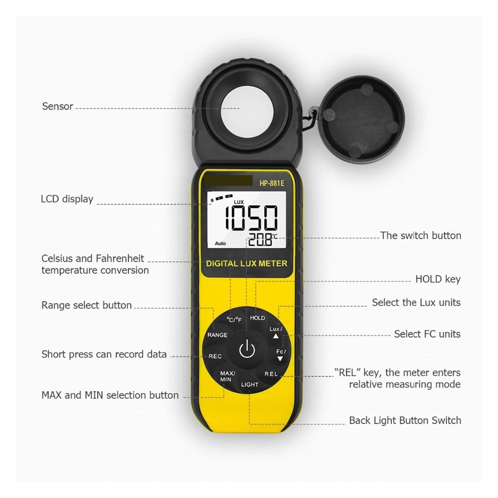 Illuminometro digitale portatile LUX Meter 3000.000 LUX/FC Selezione Luxmetro digitale ad alta precisione -881E